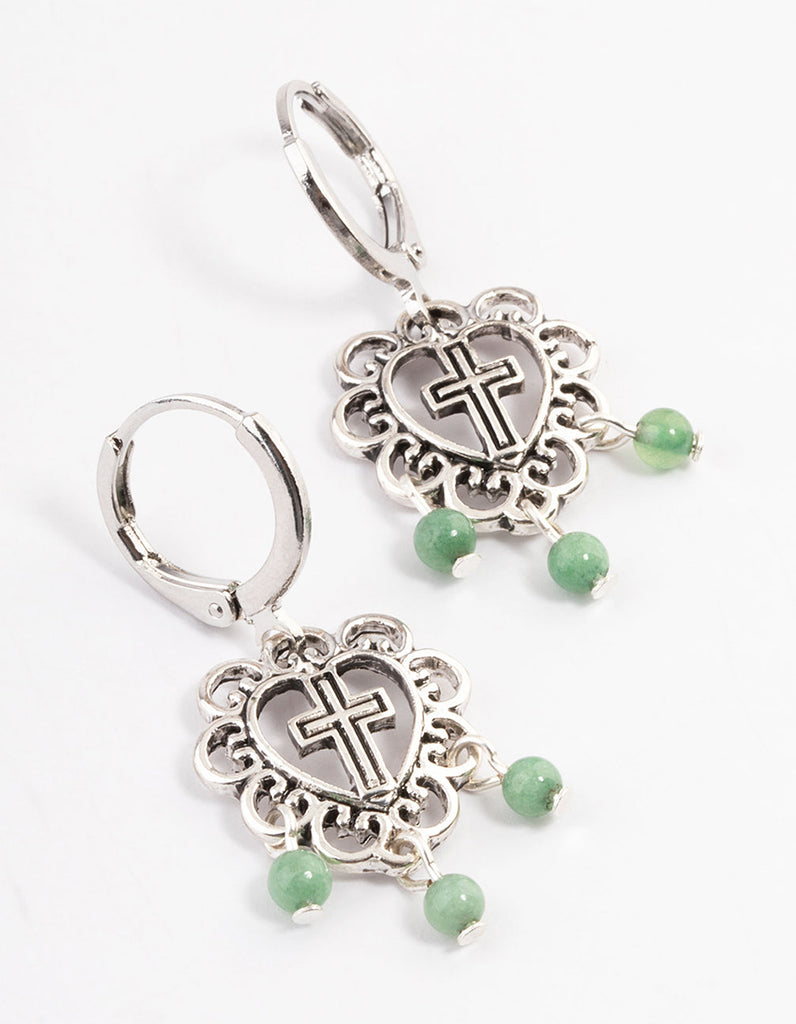 Antique Silver Amazonite Flower Cross Earrings