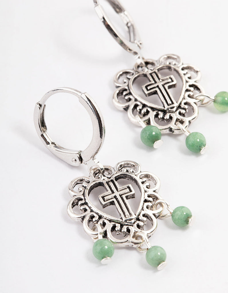 Antique Silver Amazonite Flower Cross Earrings