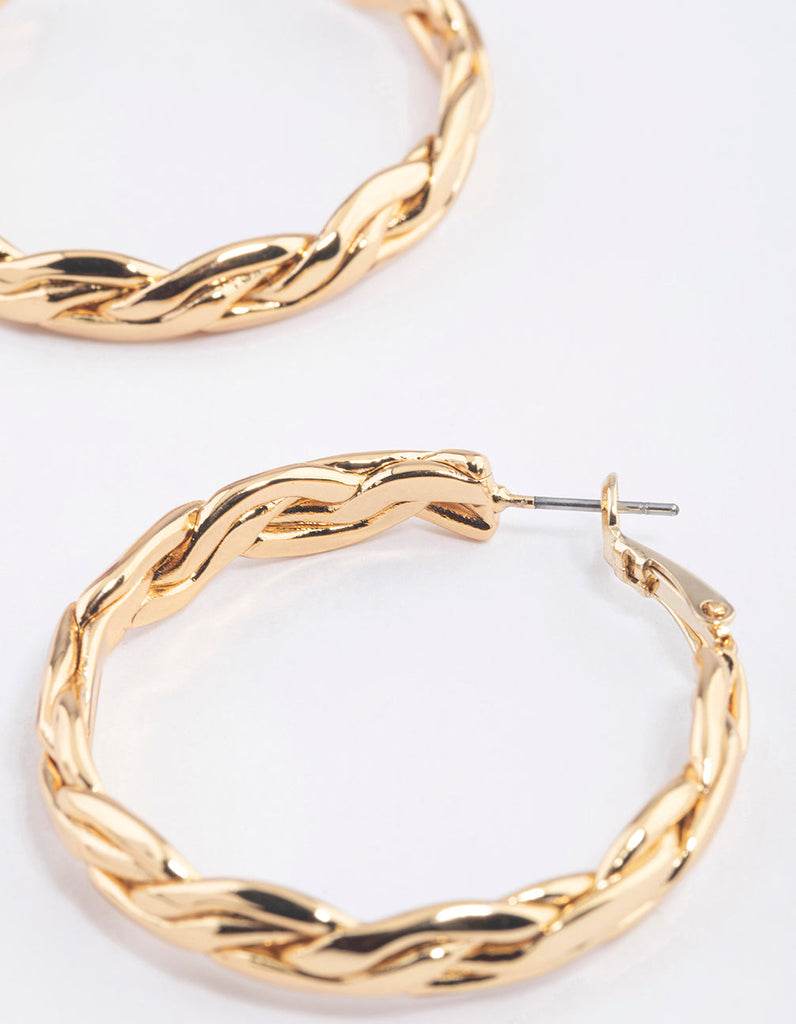 Gold Plated Brass Molten Plait Hoop Earrings