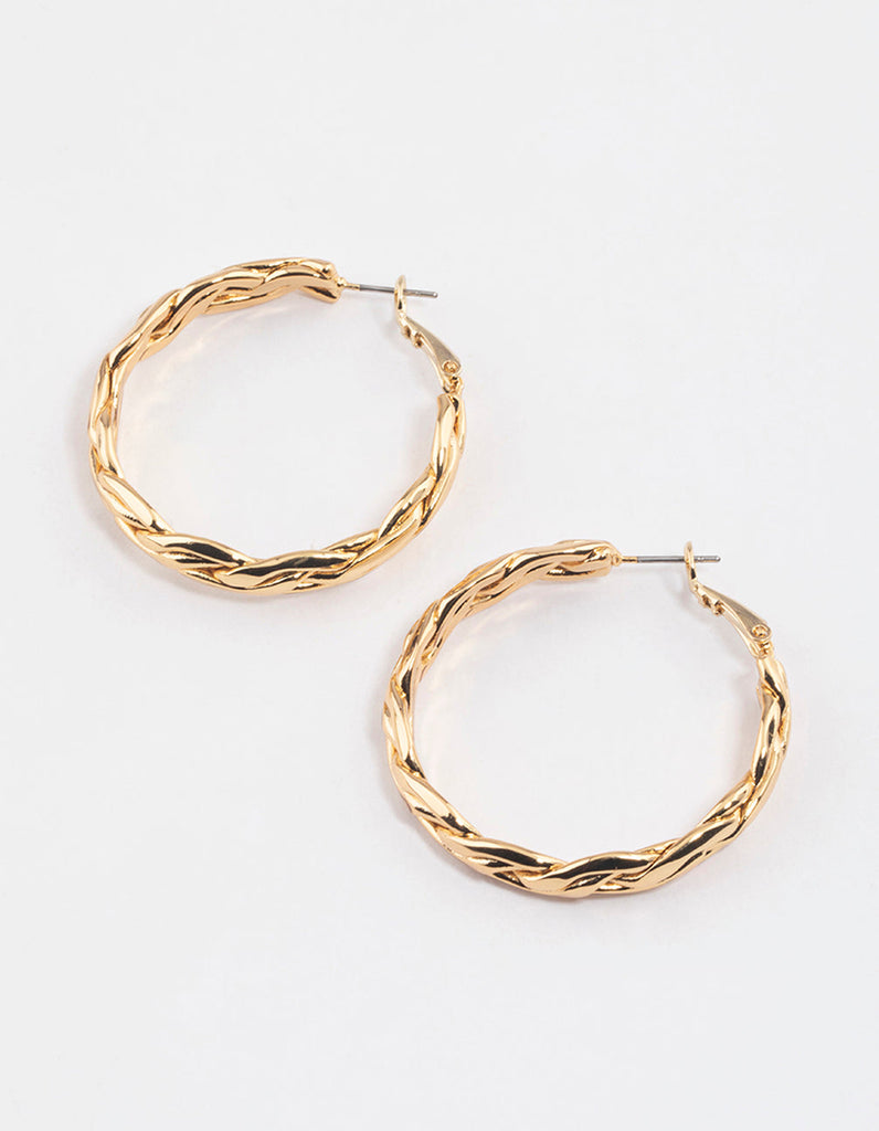 Gold Plated Brass Molten Plait Hoop Earrings