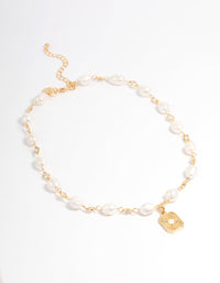 Gold Plated Freshwater Pearl Diamante Chain Pendant Necklace - link has visual effect only