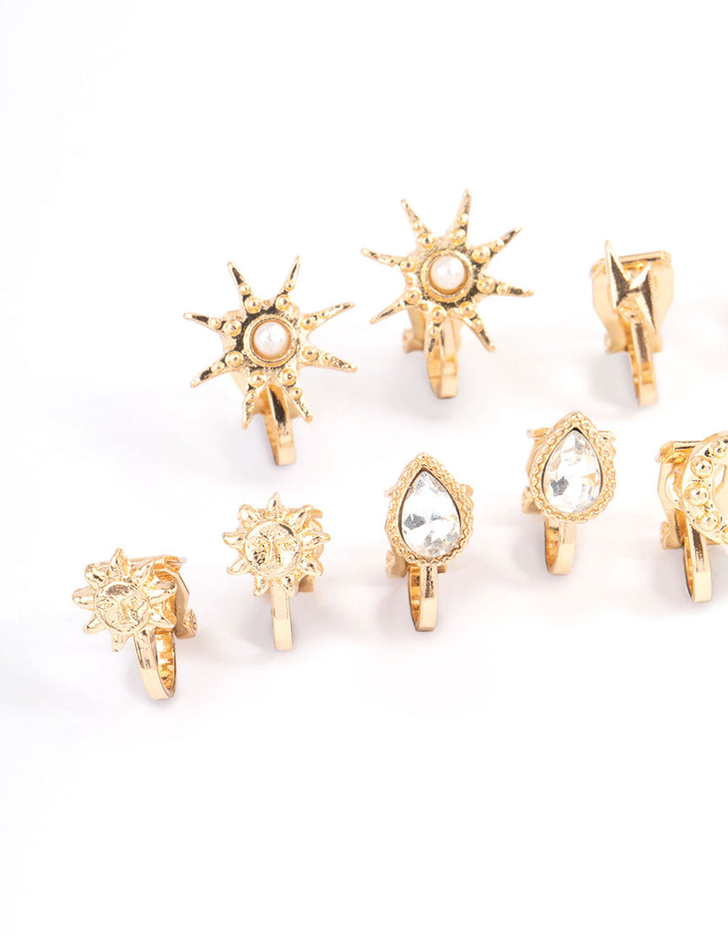 Gold Mix Celestial Clip On Earrings 5-Pack