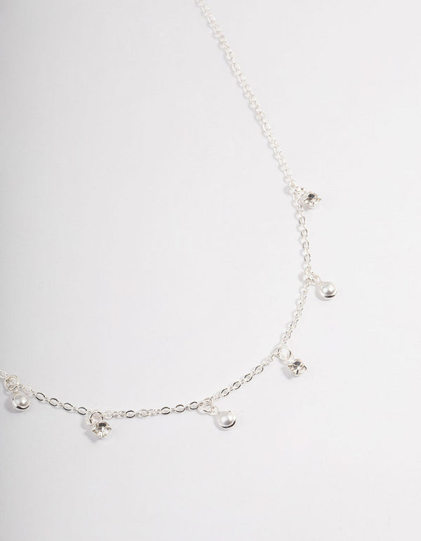 Silver Droplet Diamante & Pearl Necklace