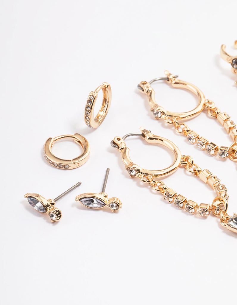Gold Diamante Chain Drop Hoop Earrings 4-Pack