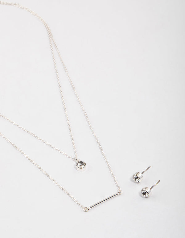 Silver Layered Stone Bar Necklace & Earrings Set
