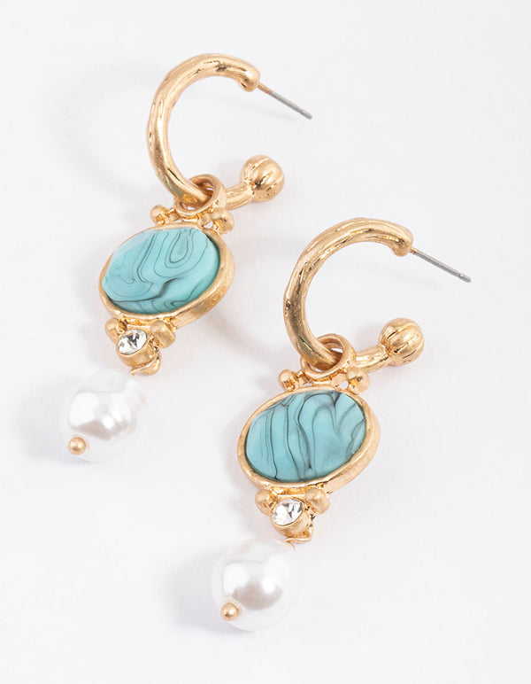Worn Gold Facet Pearl & Turquoise Drop Earrings