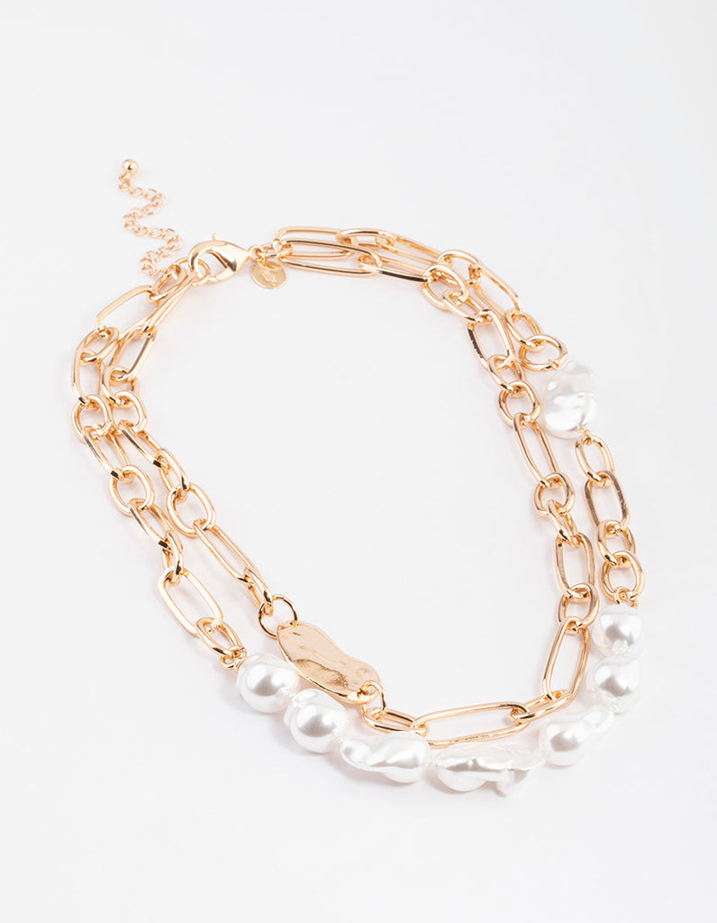 Gold Double Row Chunky Chain Pearl Necklace