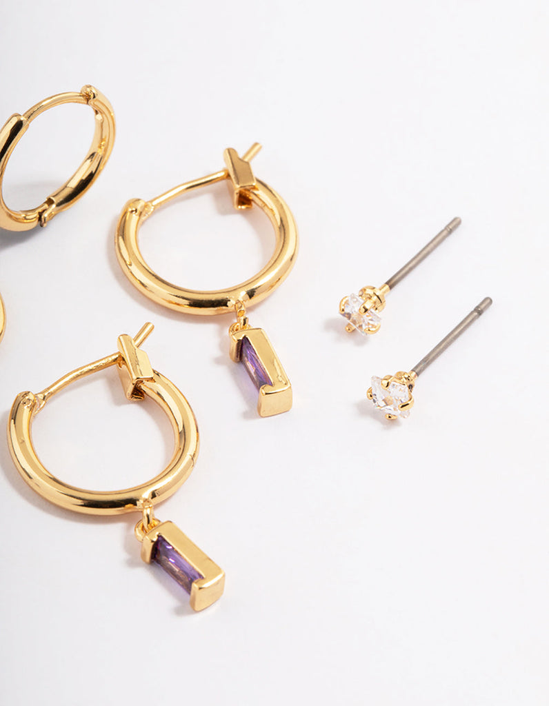 Gold Plated Cubic Zirconia Amethyst Cut Huggie Earrings 6-Pack