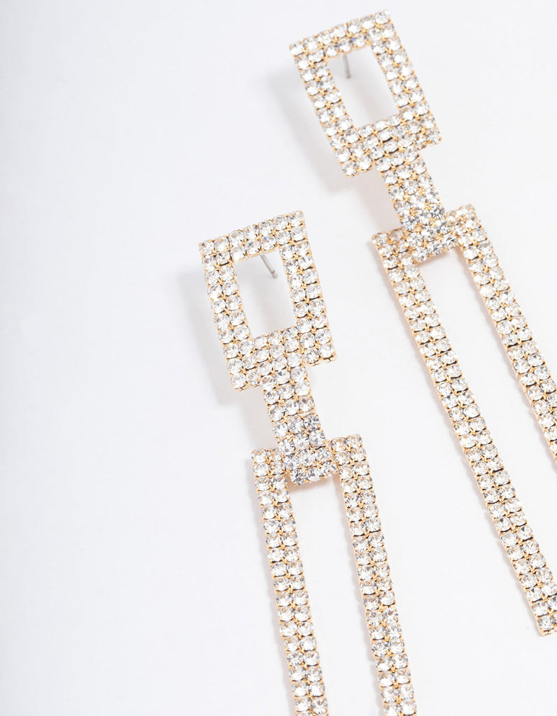 Gold Diamante Rectangle Drop Earrings