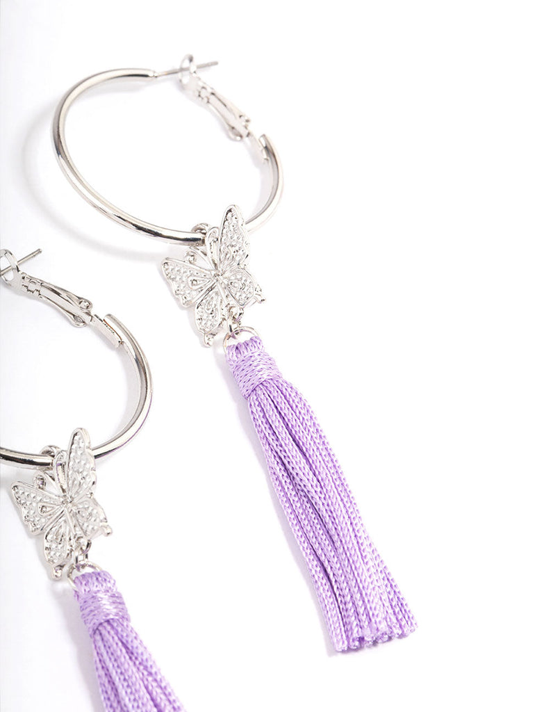 Rhodium Purple Flower Tassel Hoop Earrings
