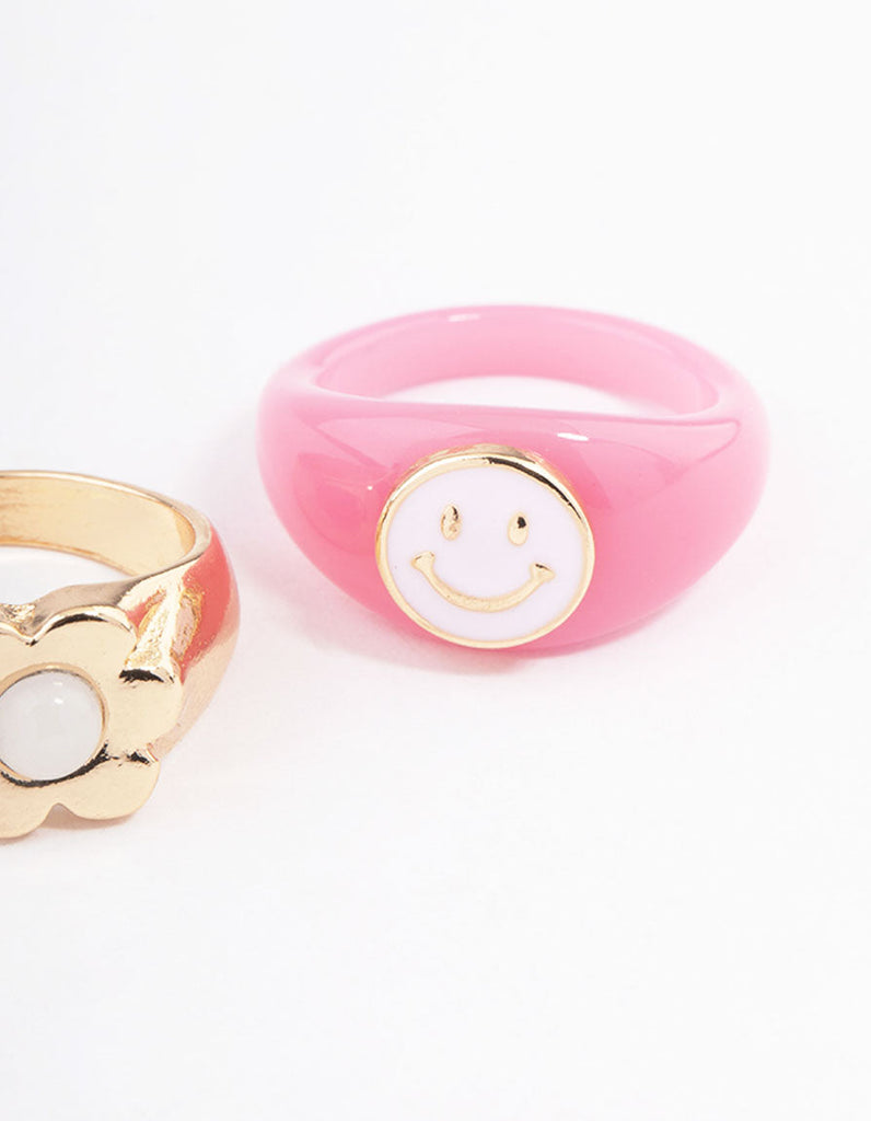 Pink Smiley Flower Ring Pack