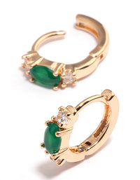 Gold & Green Stone Diamante Mini Huggie Earrings - link has visual effect only