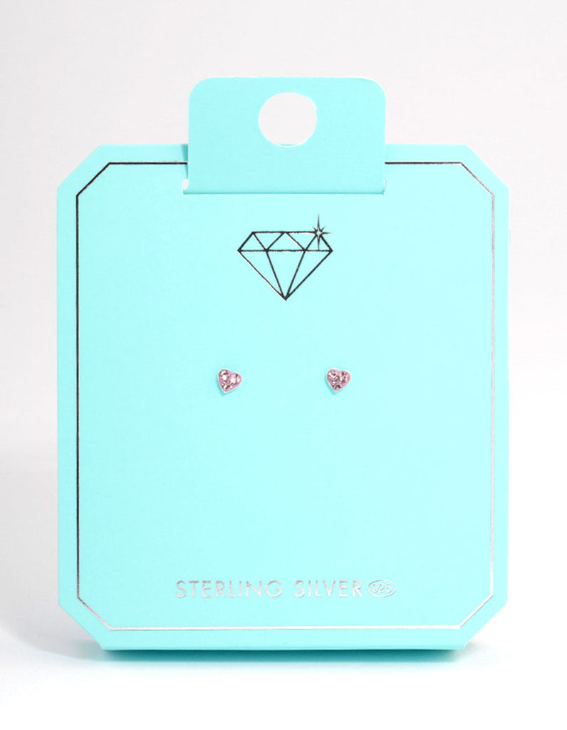 Sterling Silver Pink Pave Heart Stud Earrings