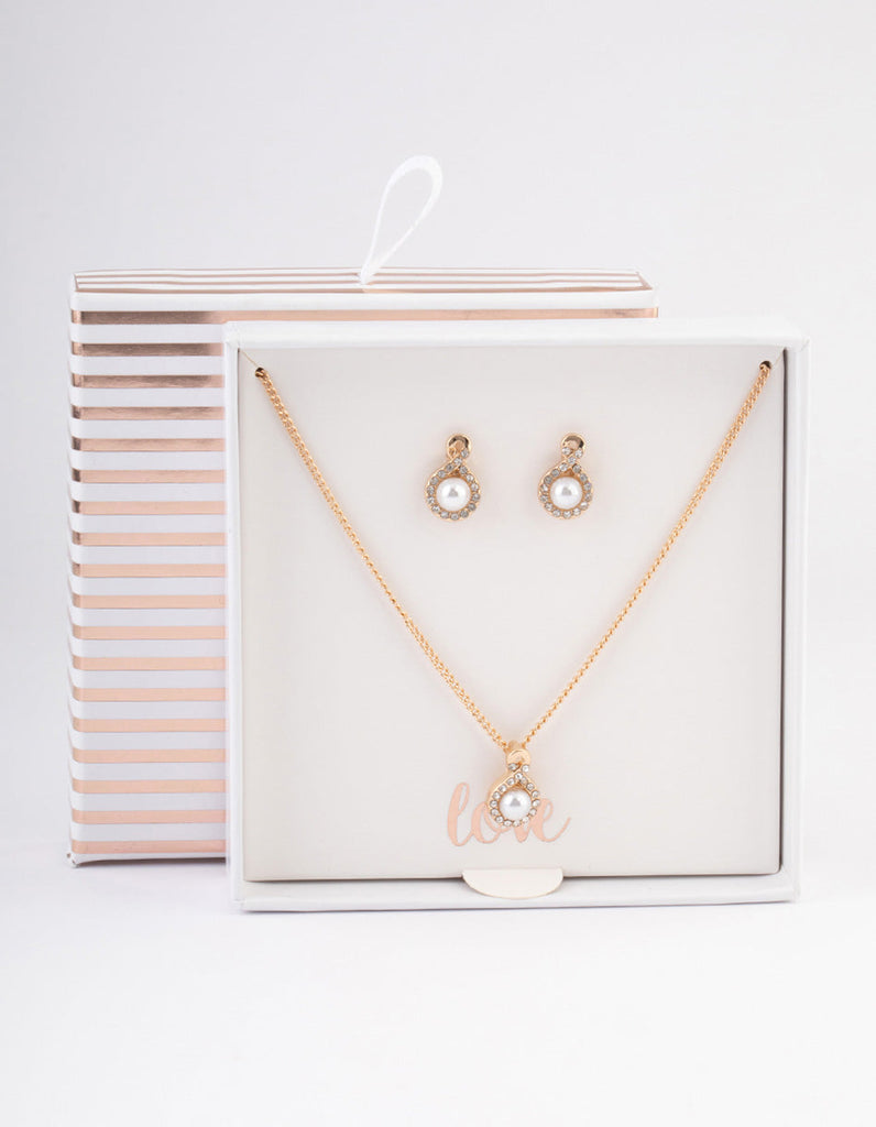 Gold Diamante Pearl Swirl Jewellery Set