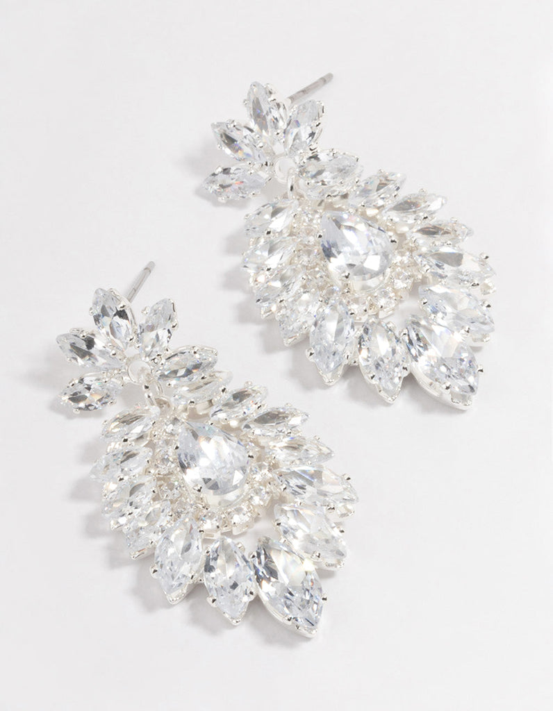Silver Plated Cubic Zirconia Marquise Statement Drop Earrings