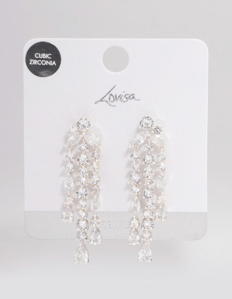 Silver Plated Cubic Zirconia Trio Drop Marquise Earrings
