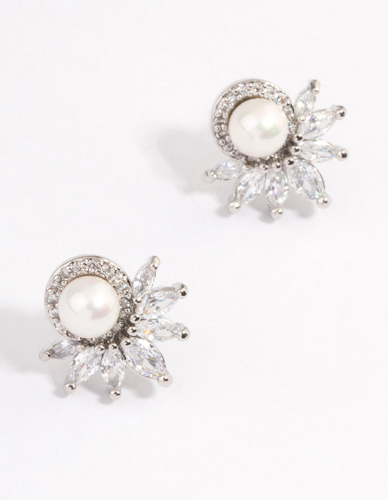 Silver Plated Cubic Zirconia Fan Pearl Stud Earrings