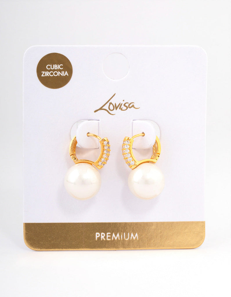 Gold Plated Large Pearl Drop Cubic Zirconia Huggie Earrings