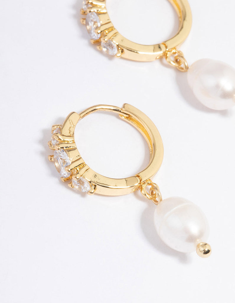 Gold Plated Freshwater Pearl Cubic Zirconia Small Huggie Hoop Earrings
