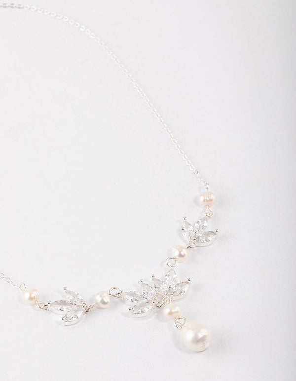 Silver Plated Cubic Zirconia Leaf Freshwater Pearl Y-Necklace