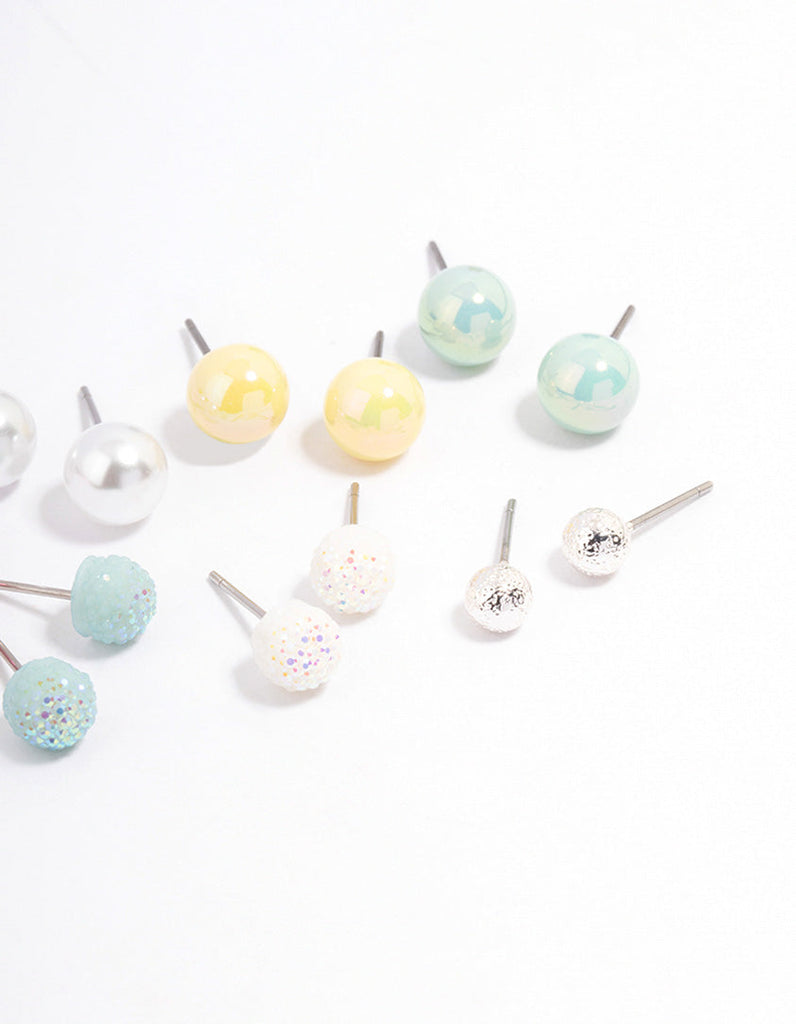 Silver Mixed Ball Stud Earrings 8-Pack