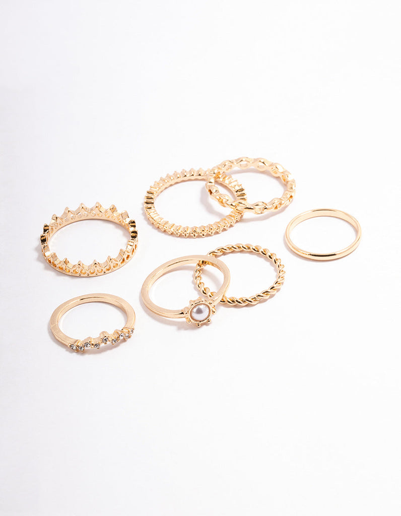 Gold Diamante & Pearl Crown Ring Pack