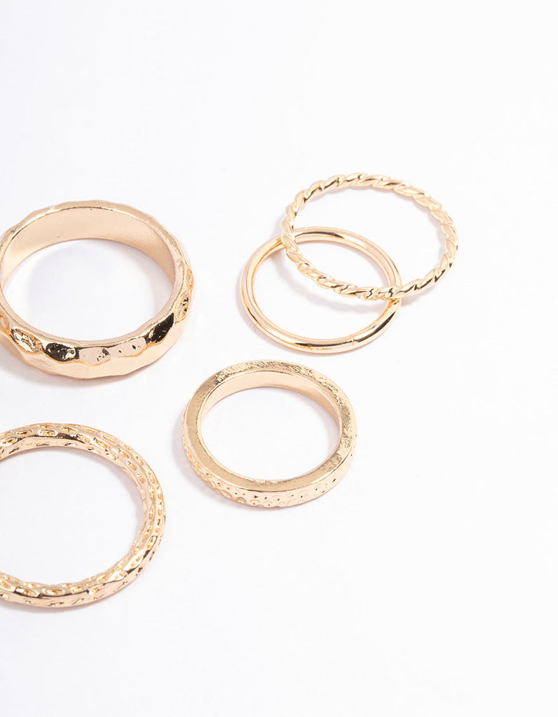 Gold Multi Hammered Ring Pack