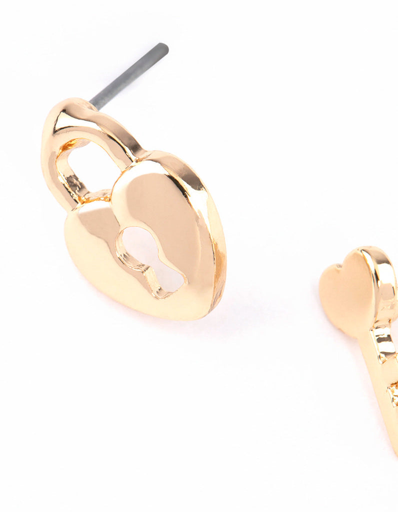 Gold Heart Lock & Key Stud Earrings