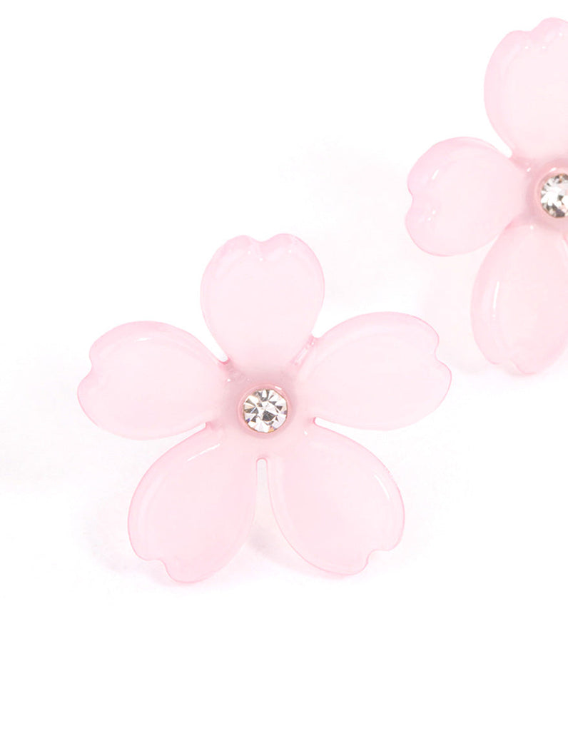 Pink Large Flower Diamante Stud Earrings