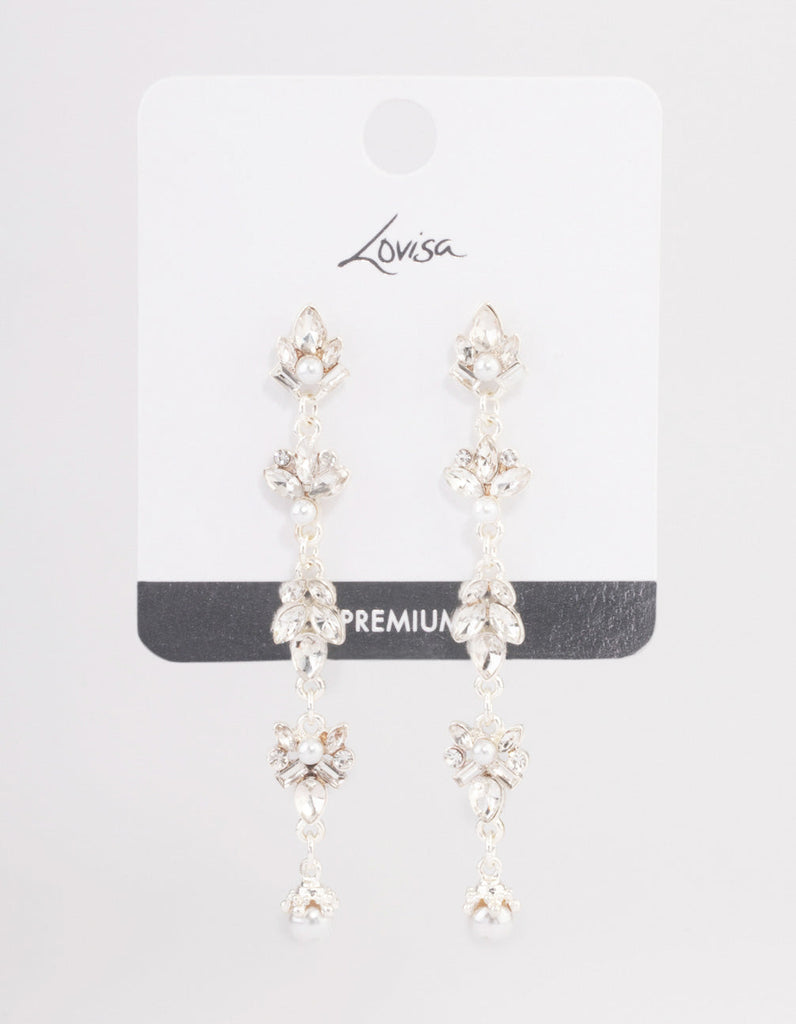 Silver Plated Cubic Zirconia Cluster Drop Pearl Earrings