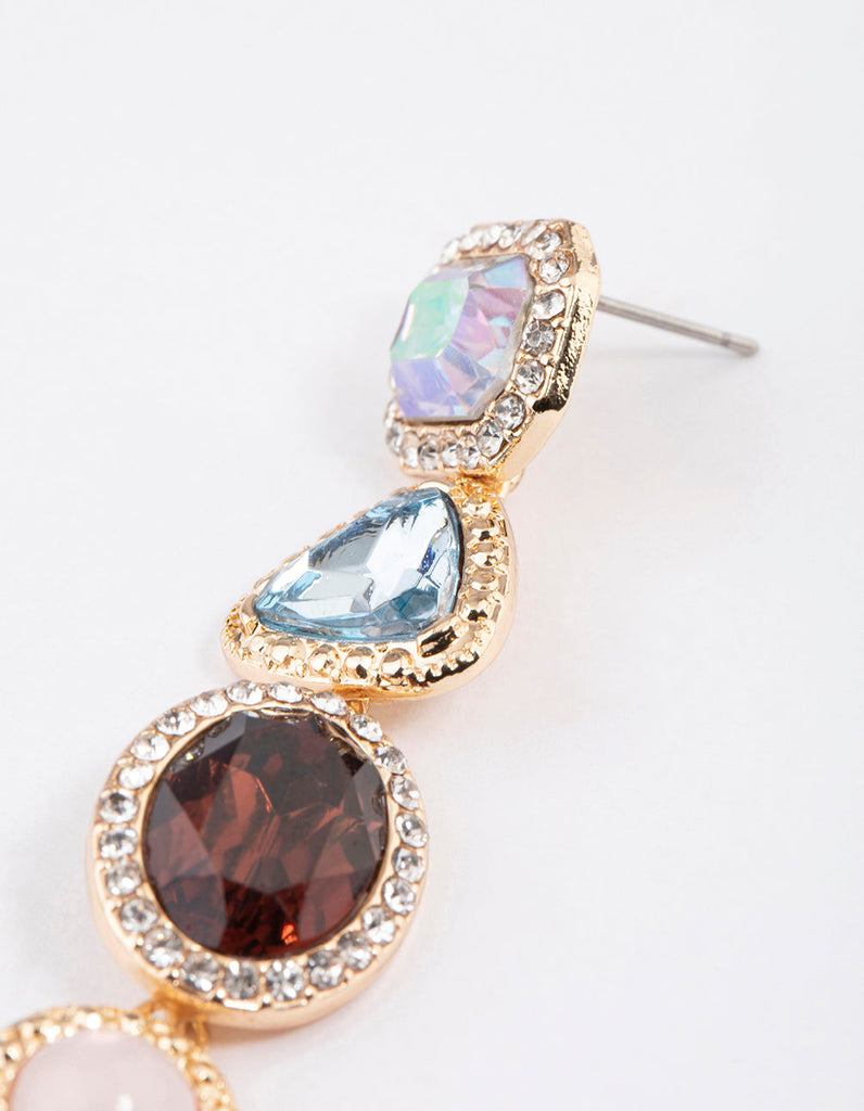 Gold Diamante Mixed Jewel Stone Drop Earrings