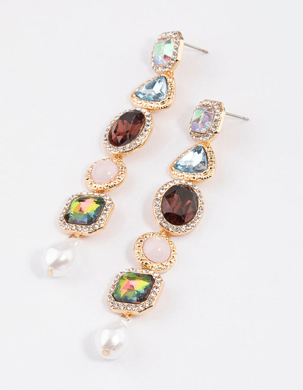 Gold Diamante Mixed Jewel Stone Drop Earrings