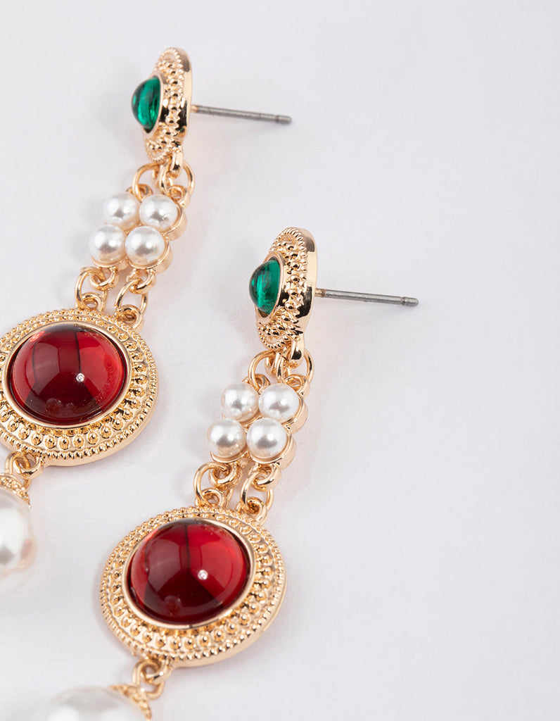 Gold Stone Pearly Drop Earrings