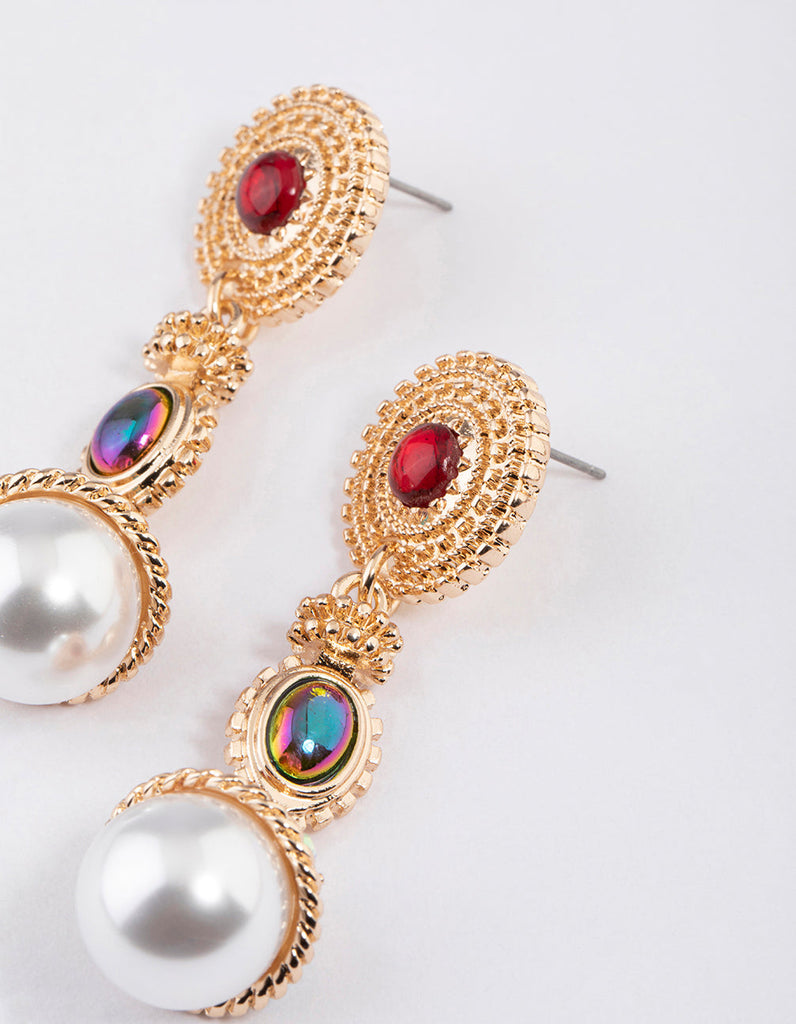 Gold Mixed Jewel Pearl Drop Earrings