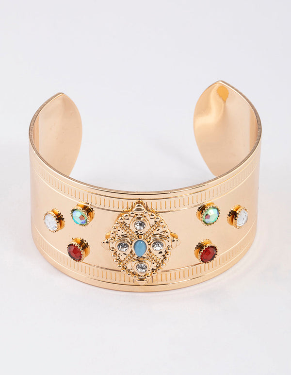 Gold Mixed Stone Cuff Bangle