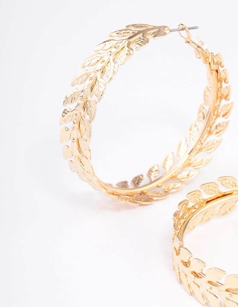 Gold Hammered Leaf Wrapped Hoop Earrings