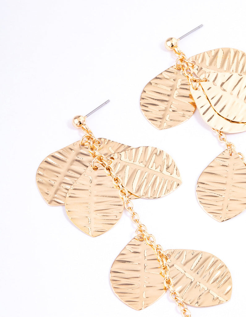 Gold Textured Layered Leaf Drop Earrings