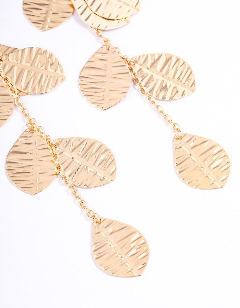 Gold Textured Layered Leaf Drop Earrings