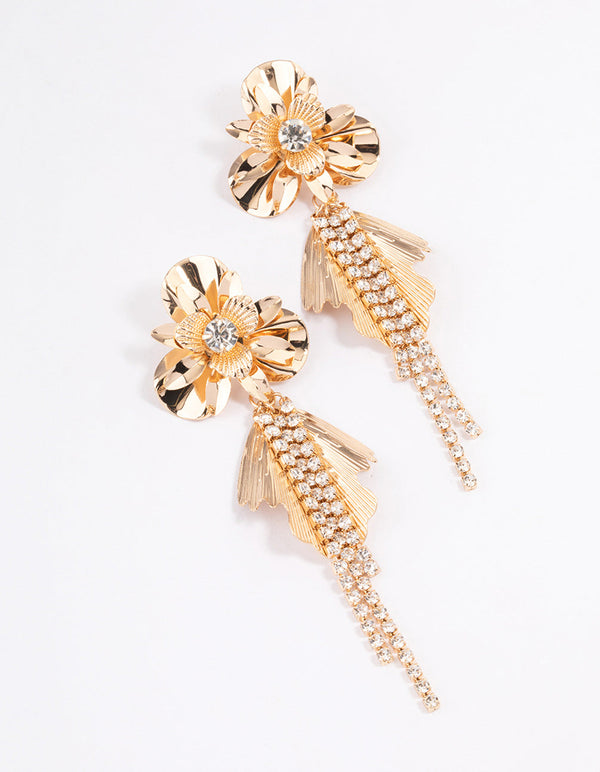 Gold Flower Petal Cupchain Drop Earrings