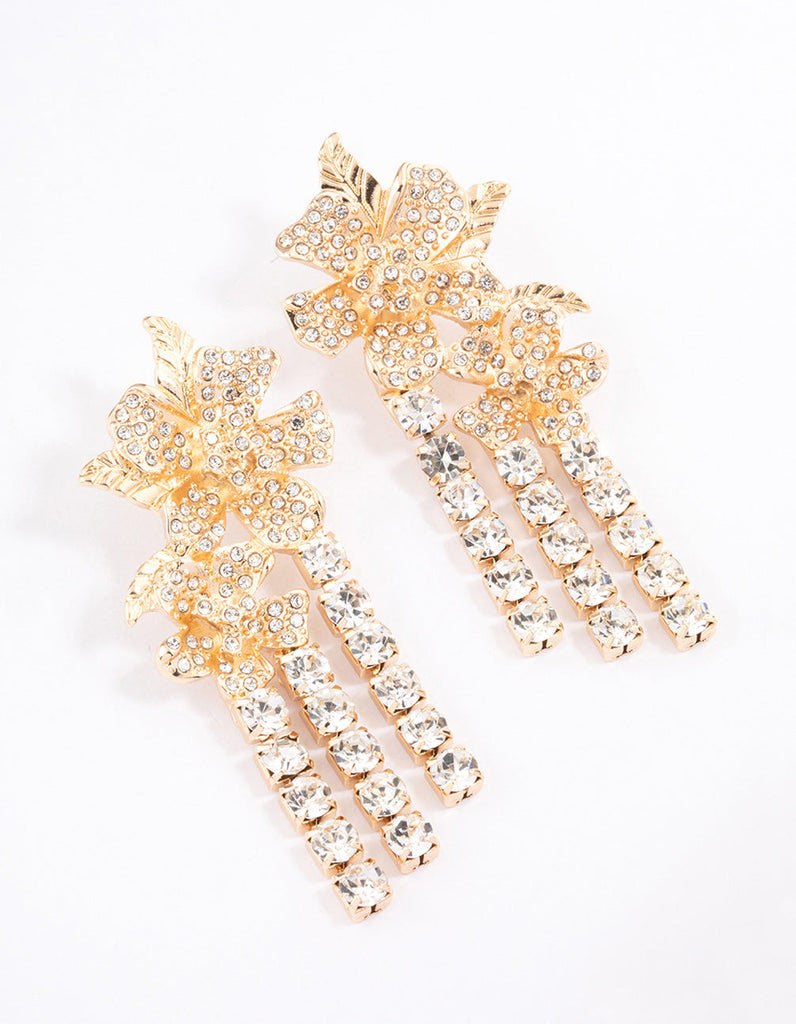 Gold Statement Diamante Flower Drop Earrings