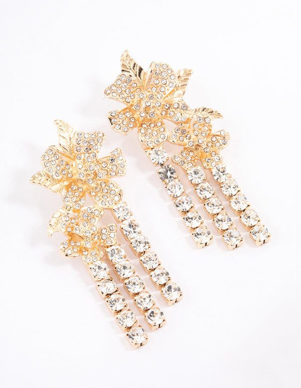 Gold Statement Diamante Flower Drop Earrings