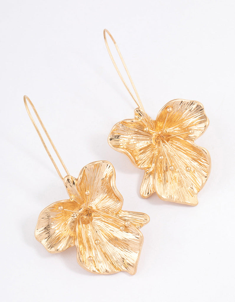 Worn Gold Organic Flower Drop Earrings