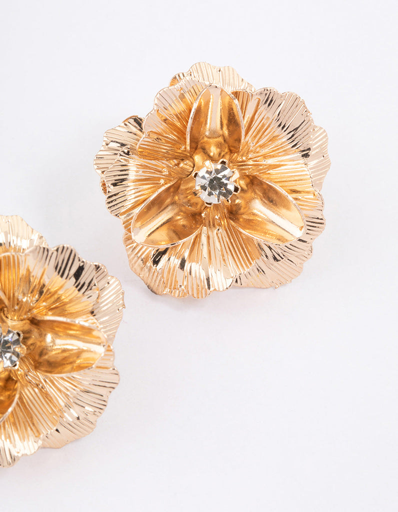 Gold Diamante Textured Flower Stud Earrings