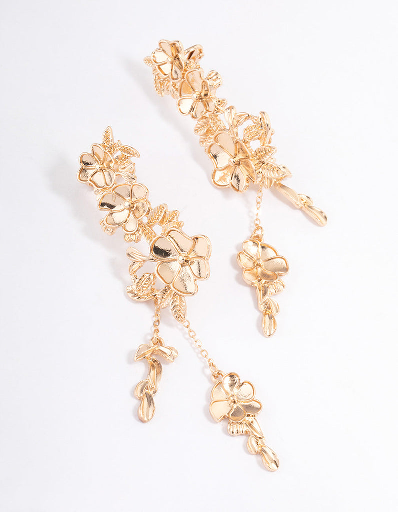 Gold Graduated Flower Tassel Cuff Earrings