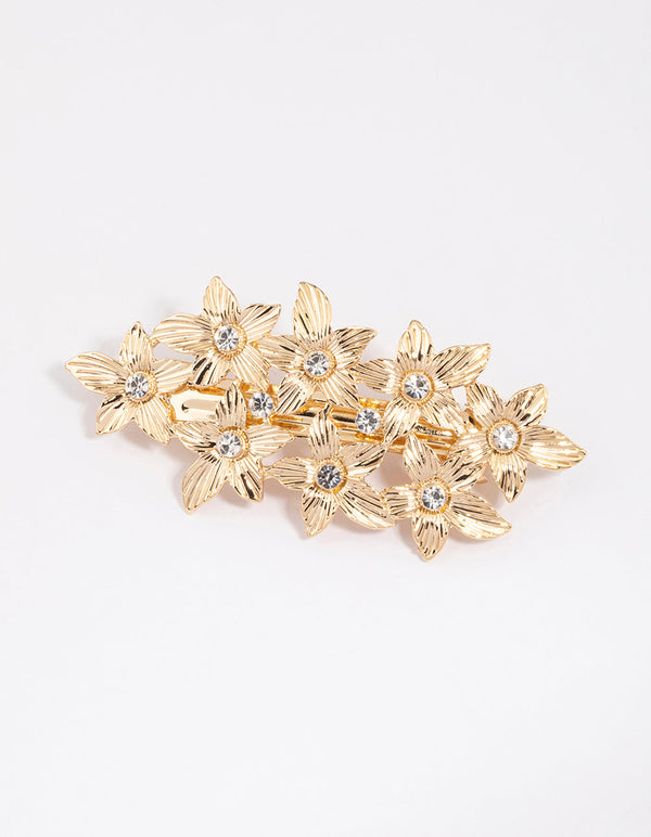 Gold Etched Diamante Floral Clip