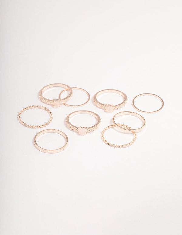 Rose Gold Rose Quartz Textured Ring Stack