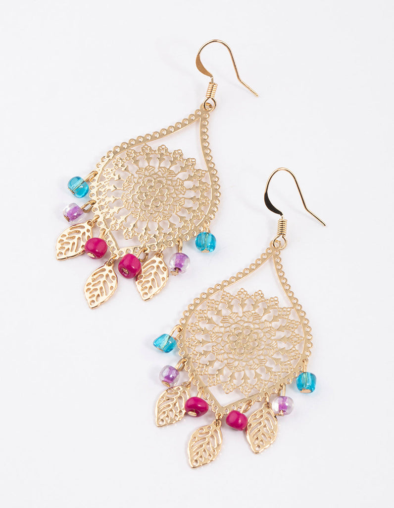 Gold Filo Marquise & Beaded Drop Earrings