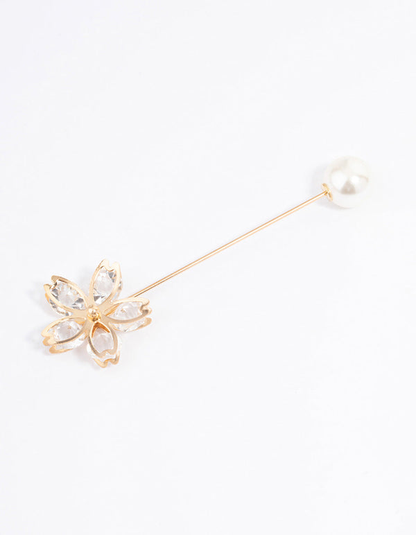 Gold Pearl & Diamante Flower Scarf Pin
