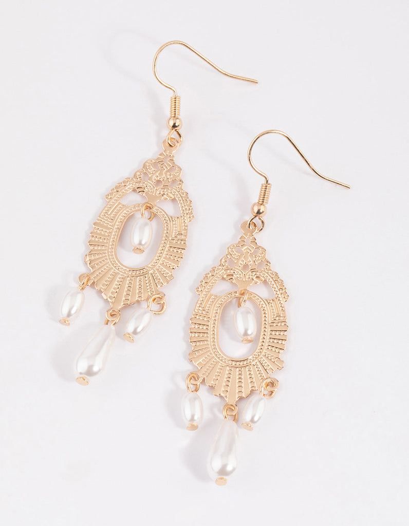 Gold Ornate & Pearl Drop Earrings - Lovisa