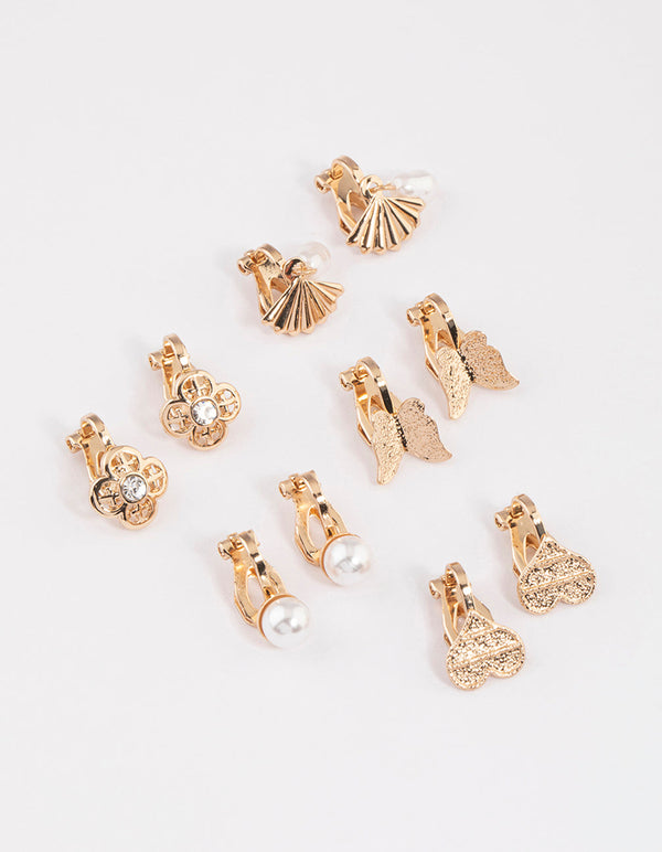 Gold Mixed Fan & Pearl Drop Earrings 5-Pack